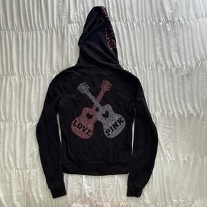2009 S Y2K Mcbling Pink Victoria's Secret Guitar Rhinestone Hoodie